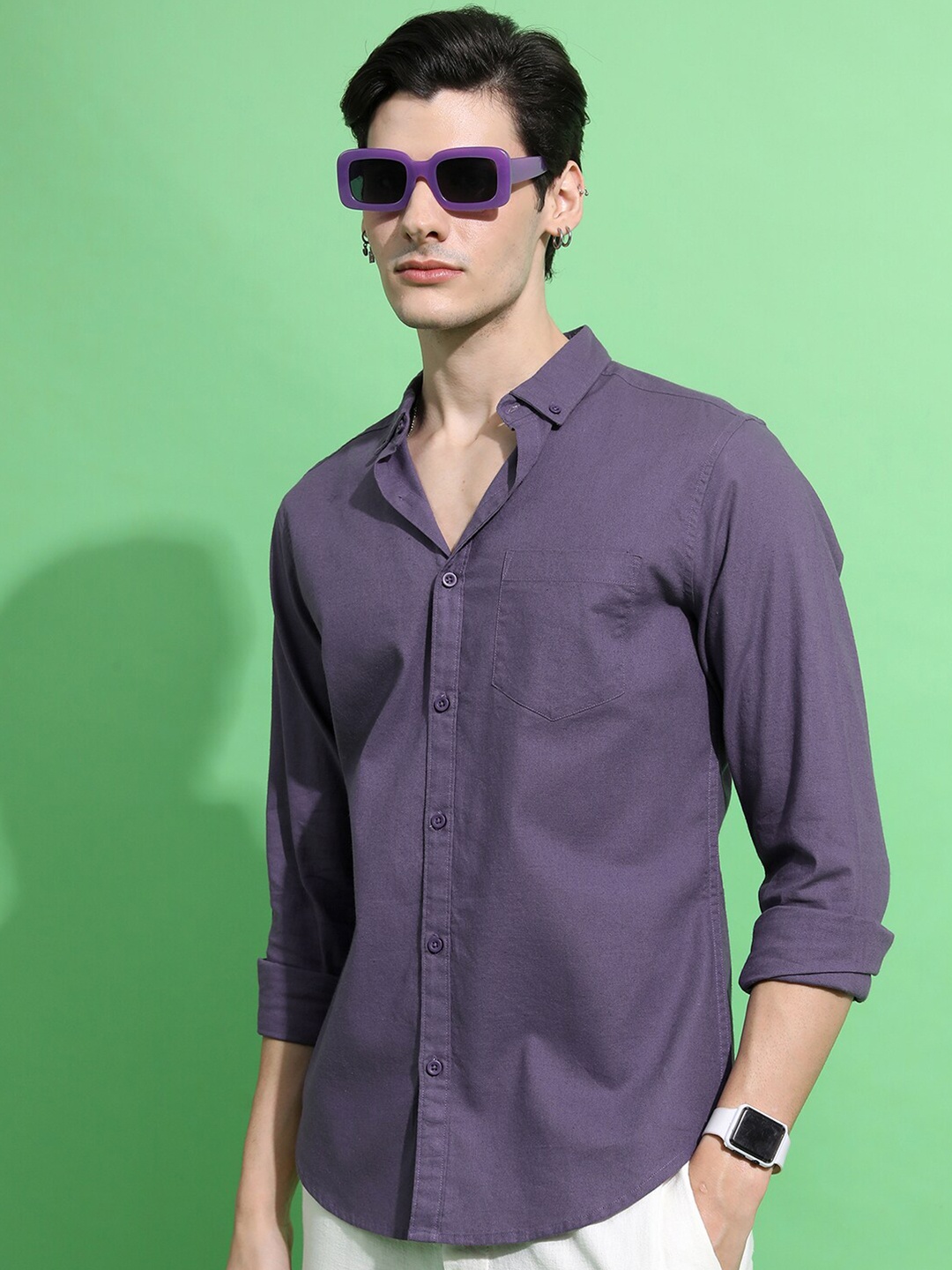 

HIGHLANDER Slim Fit Casual Cotton Linen Shirt, Purple