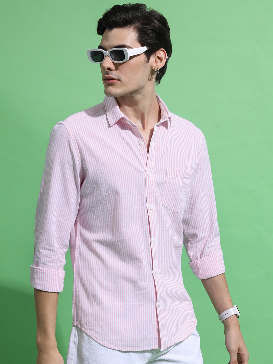 

HIGHLANDER Striped Spread Collar Slim Fit Cotton Casual Shirt, Pink