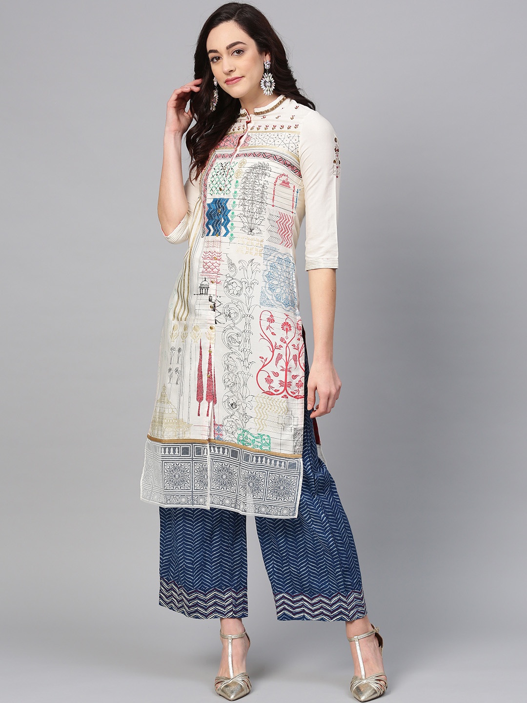 

WISHFUL by W Women Off-White & Red Printed Straight Kurta