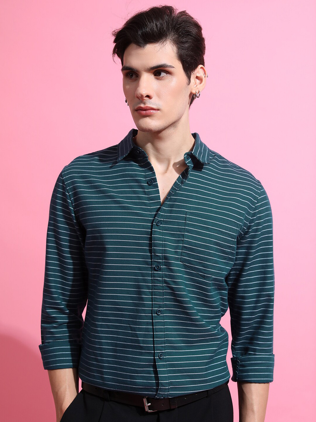 

HIGHLANDER Green Slim Fit Horizontal Striped Casual Shirt
