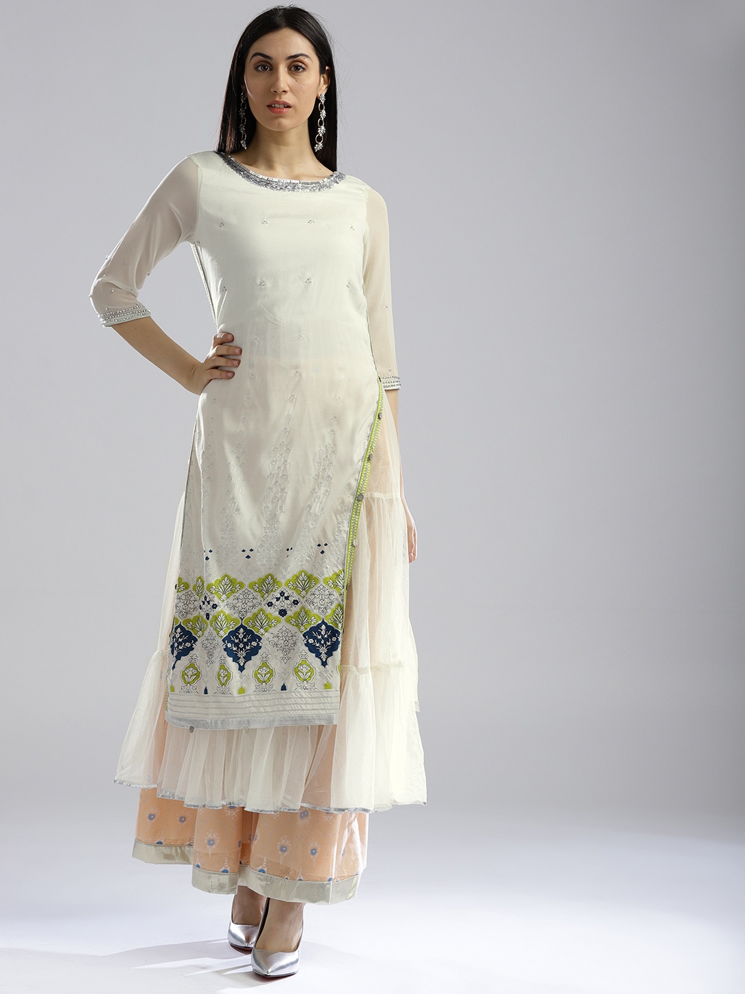 

WISHFUL by W Women Off-White Printed Layered A-Line Kurta
