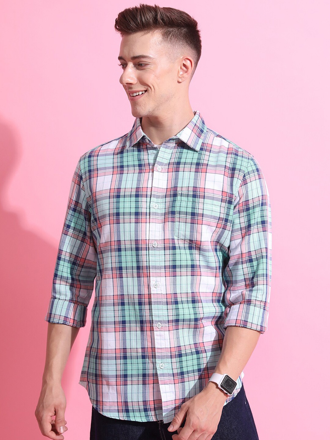 

HIGHLANDER Slim Fit Tartan Checks Opaque Checked Casual Shirt, White
