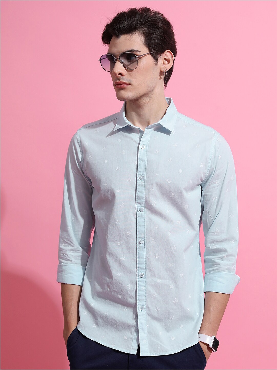 

HIGHLANDER Slim Fit Horizontal Stripes Opaque Printed Casual Cotton Shirt, Blue
