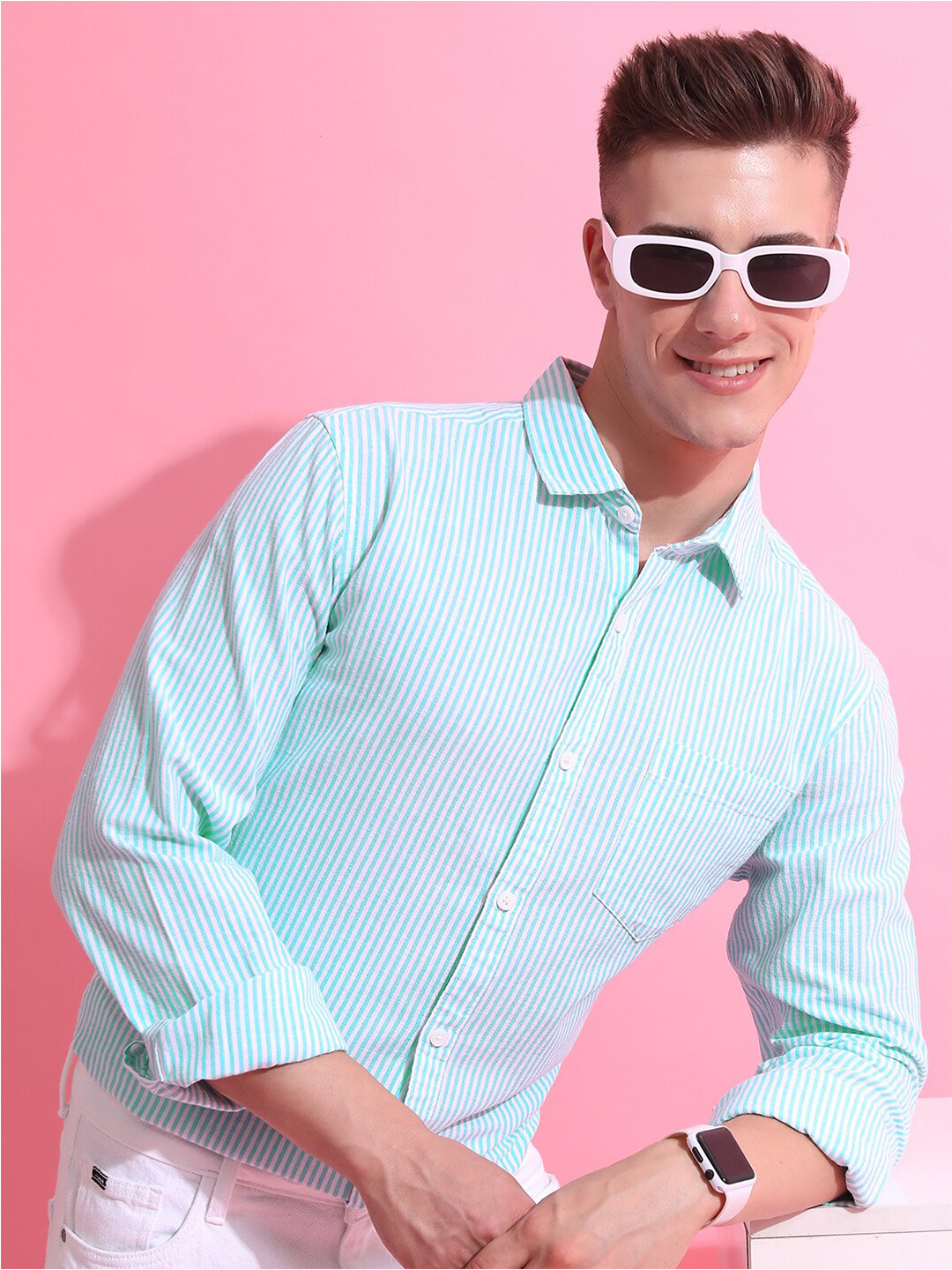 

HIGHLANDER Slim Fit Opaque Striped Casual Shirt, Blue