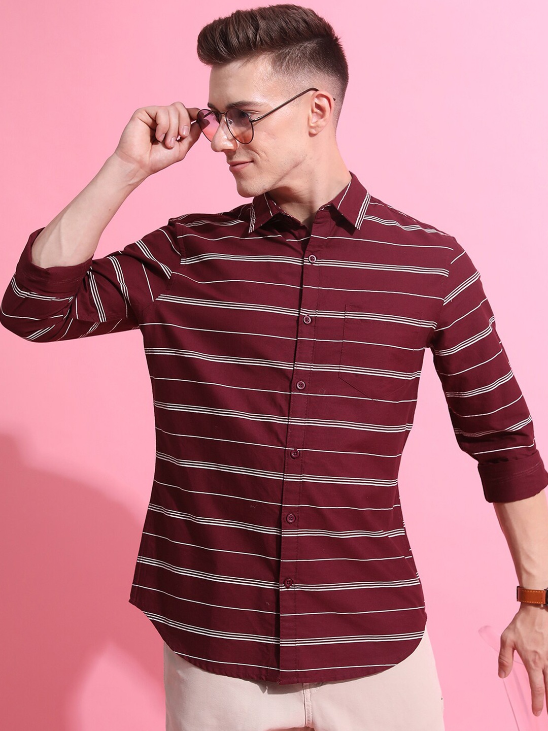 

HIGHLANDER Slim Fit Horizontal Striped Casual Shirt, Maroon
