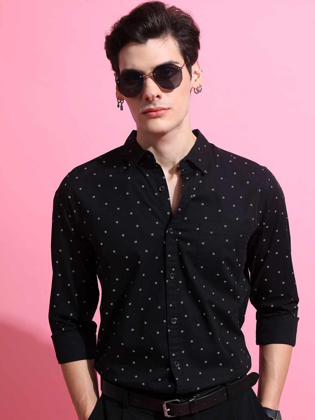 

HIGHLANDER Slim Fit Opaque Printed Casual Shirt, Black