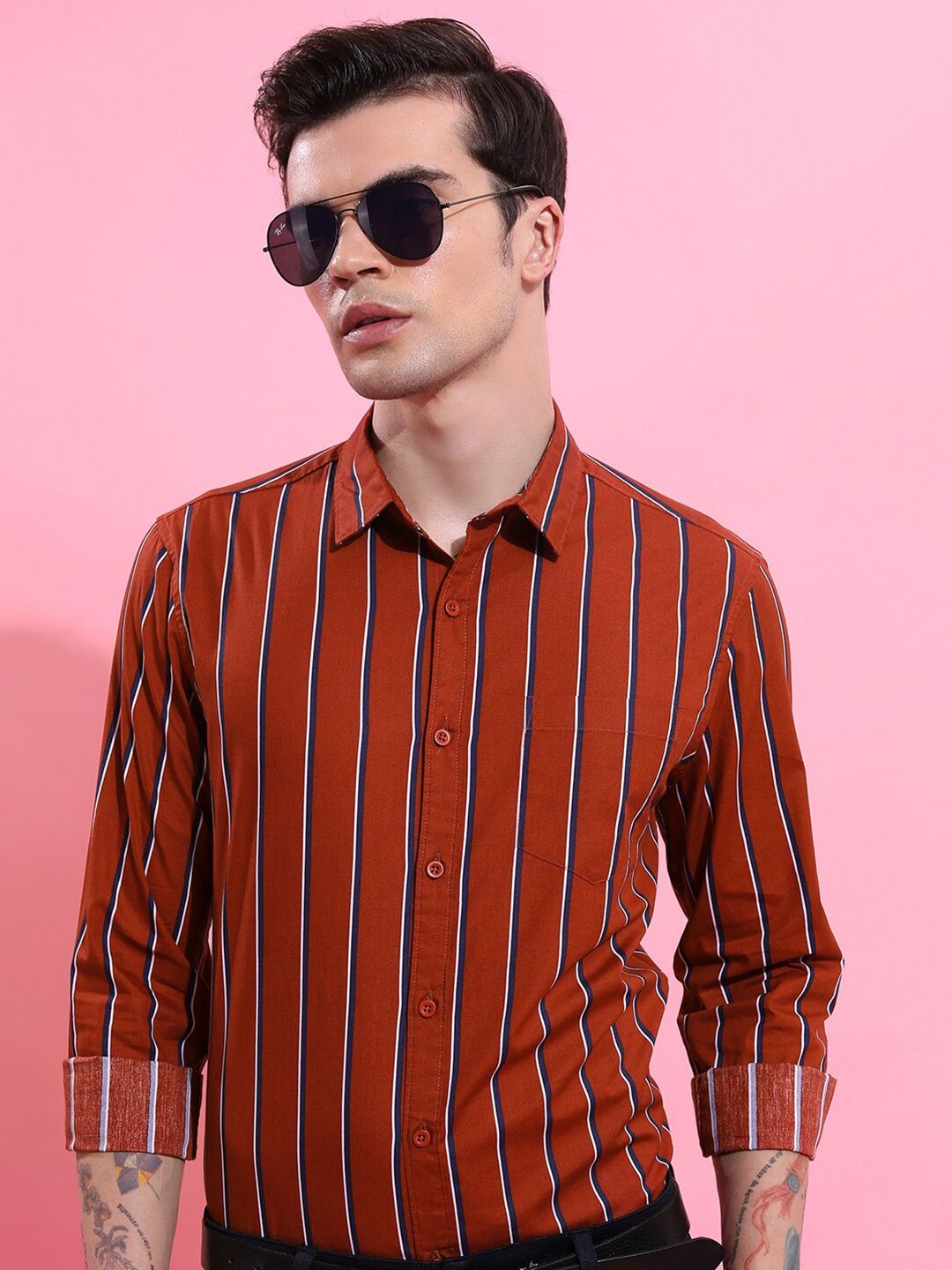 

HIGHLANDER Men Rust Slim Fit Opaque Striped Casual Shirt