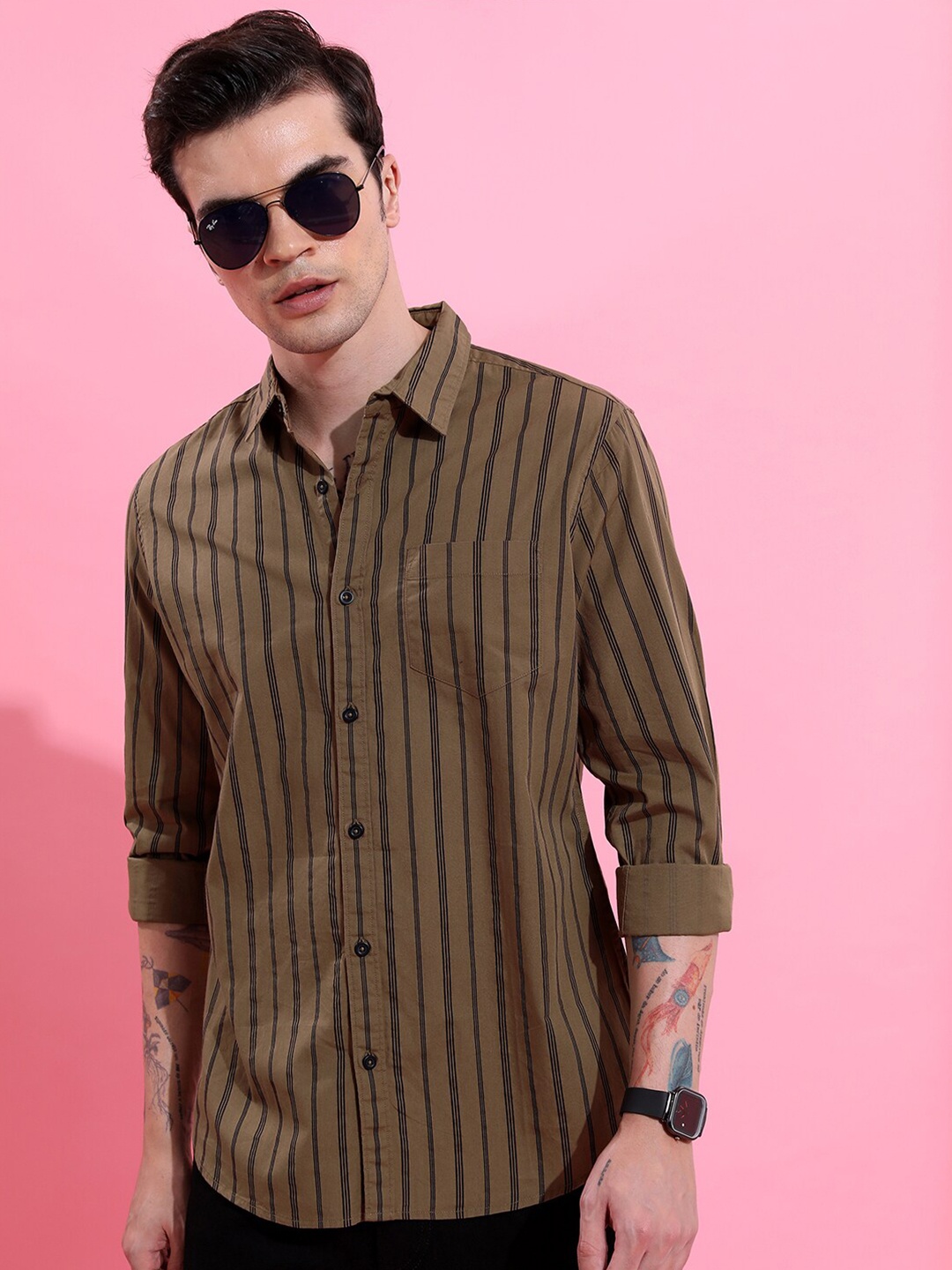 

HIGHLANDER Men Khaki Slim Fit Opaque Striped Casual Shirt