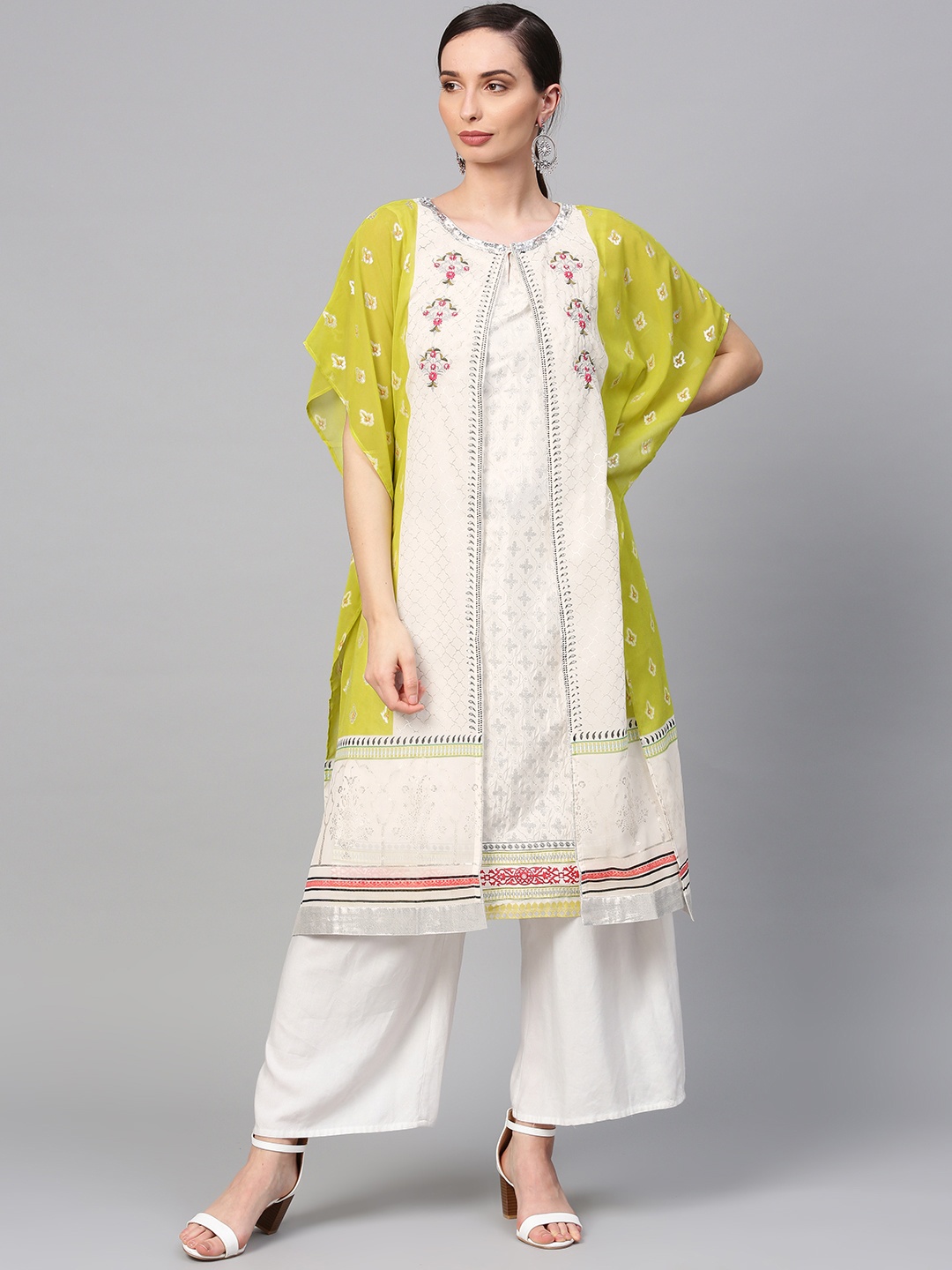 

WISHFUL by W Women Off-White & Lime Green Printed Layered Kaftan Kurta