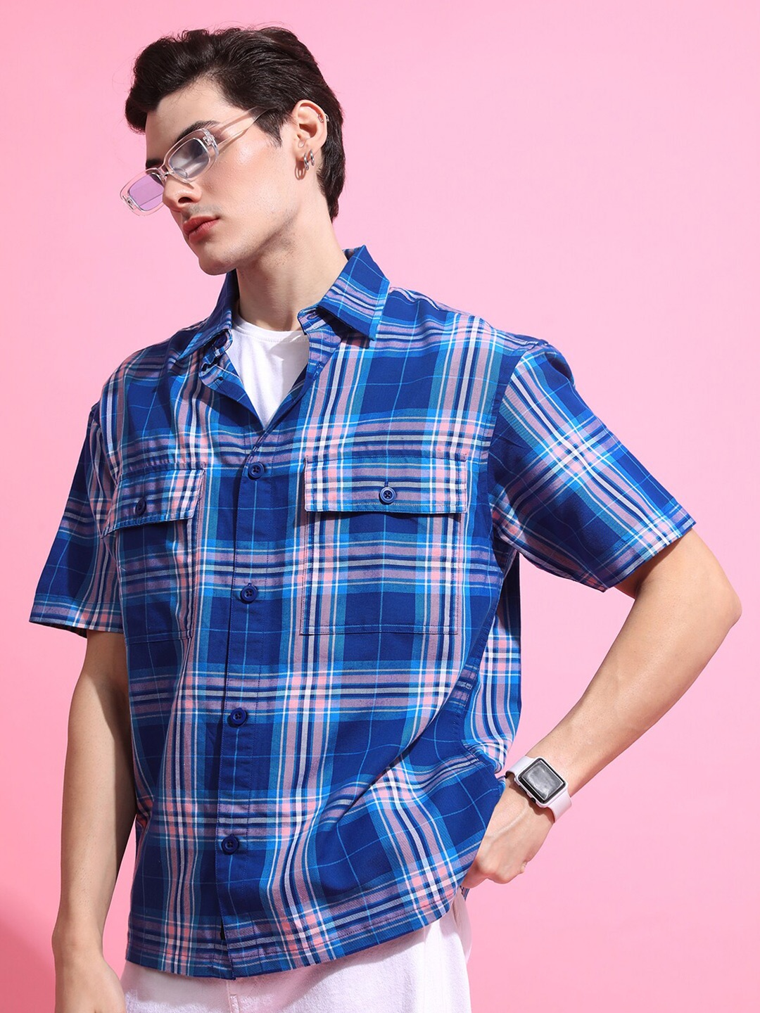 

HIGHLANDER Checked Drop-Shoulder Oversized Casual Shirt, Blue