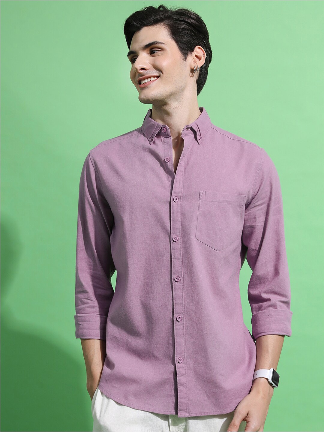 

HIGHLANDER Button Down Collar Slim Fit Opaque Casual Shirt, Mauve