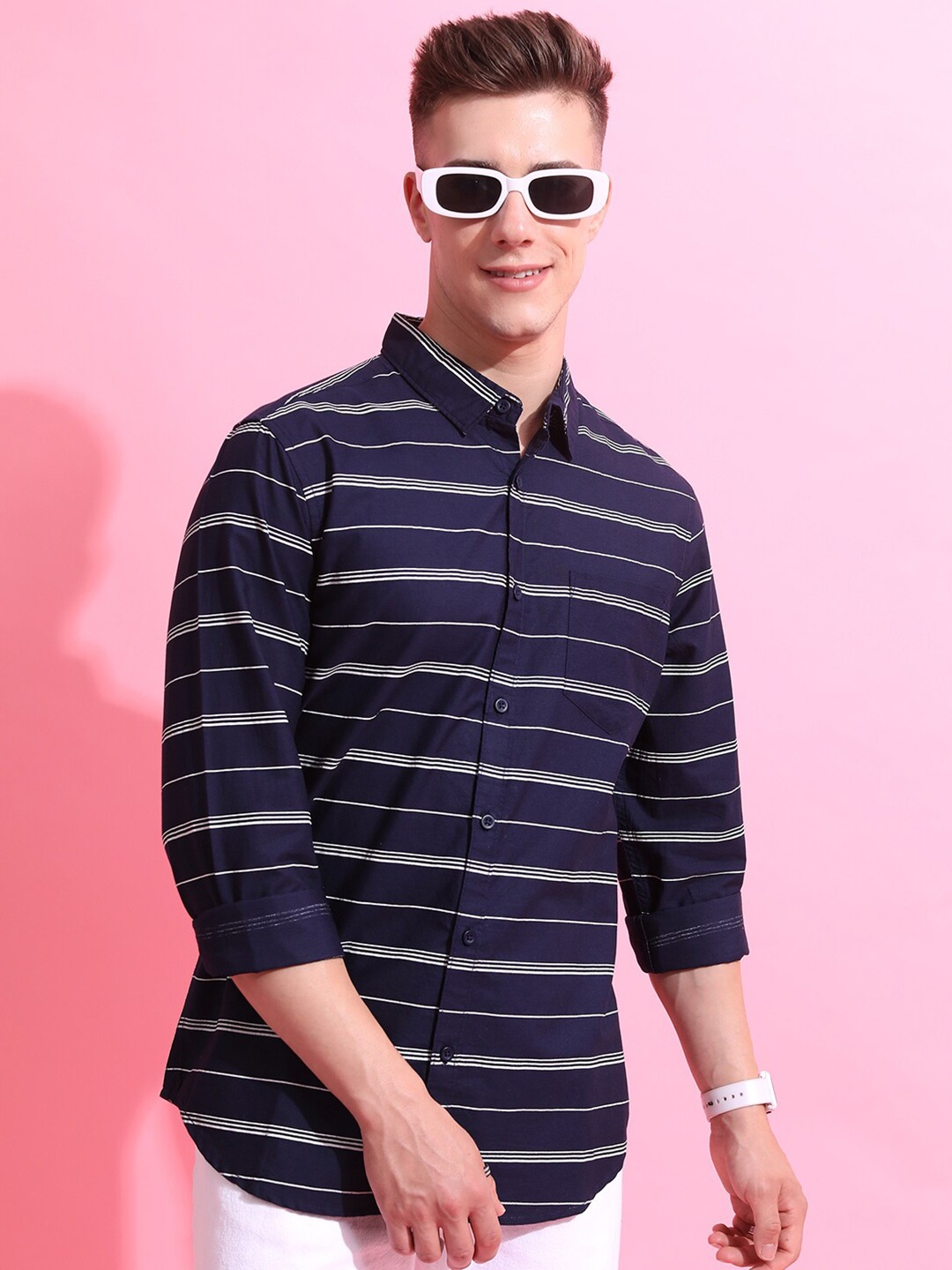 

HIGHLANDER Slim Fit Horizontal Striped Casual Shirt, Navy blue