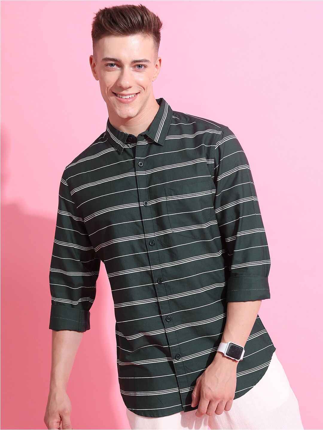 

HIGHLANDER Slim Fit Horizontal Striped Casual Shirt, Olive
