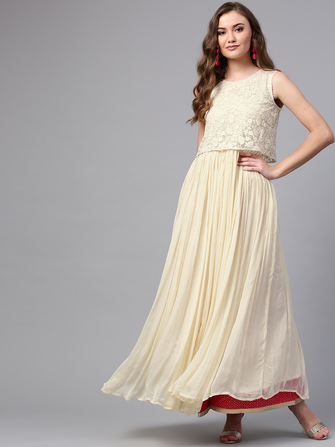 

WISHFUL by W Women Off-White Embroidered Layered A-Line Kurta