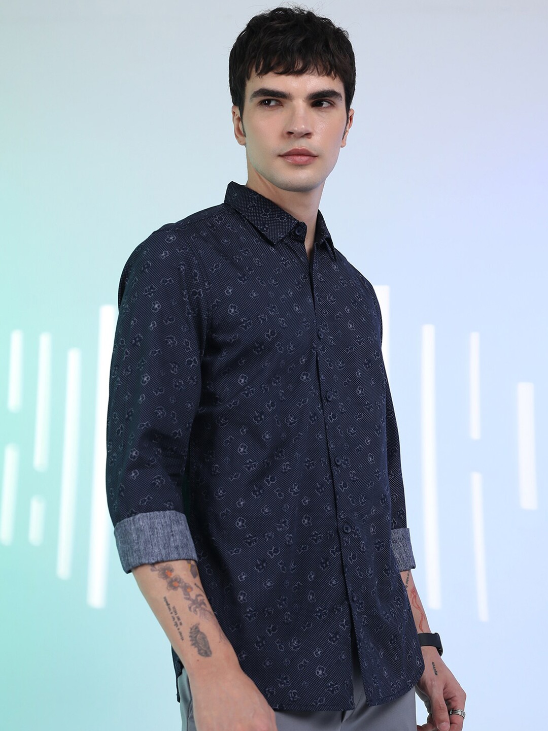 

HIGHLANDER Floral Printed Slim Fit Casual Cotton Shirt, Navy blue
