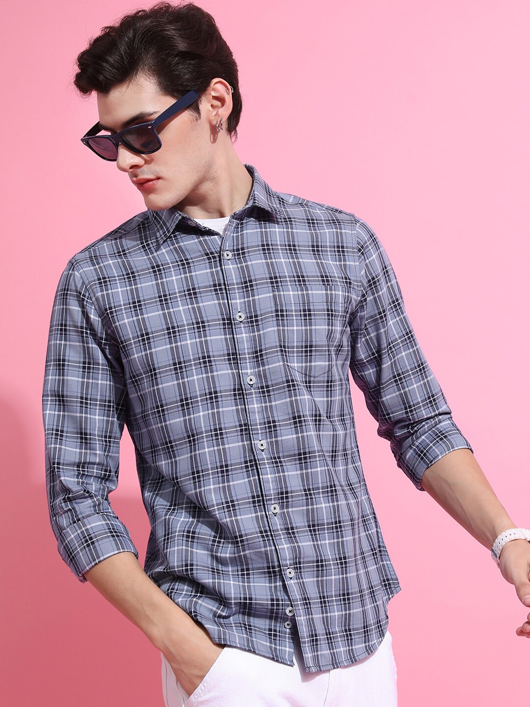 

HIGHLANDER Checked Slim Fit Opaque Casual Cotton Shirt, Blue