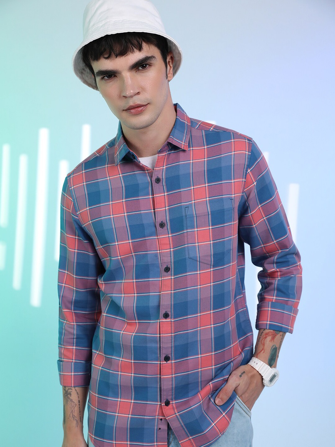 

HIGHLANDER Tartan Checked Slim Fit Casual Shirt, Blue
