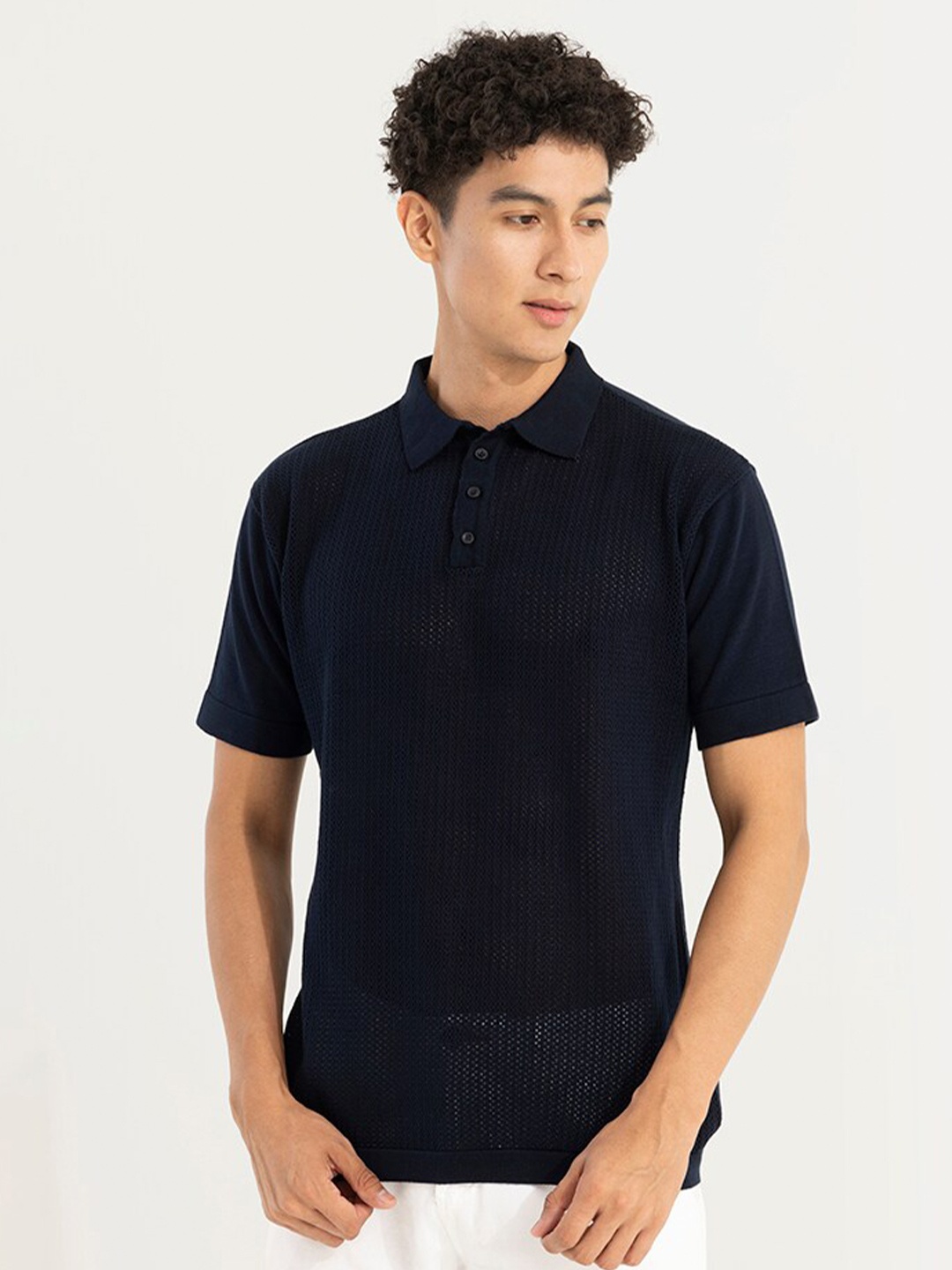 

Snitch Navy Blue Polo Collar Cotton Slim Fit T-shirt