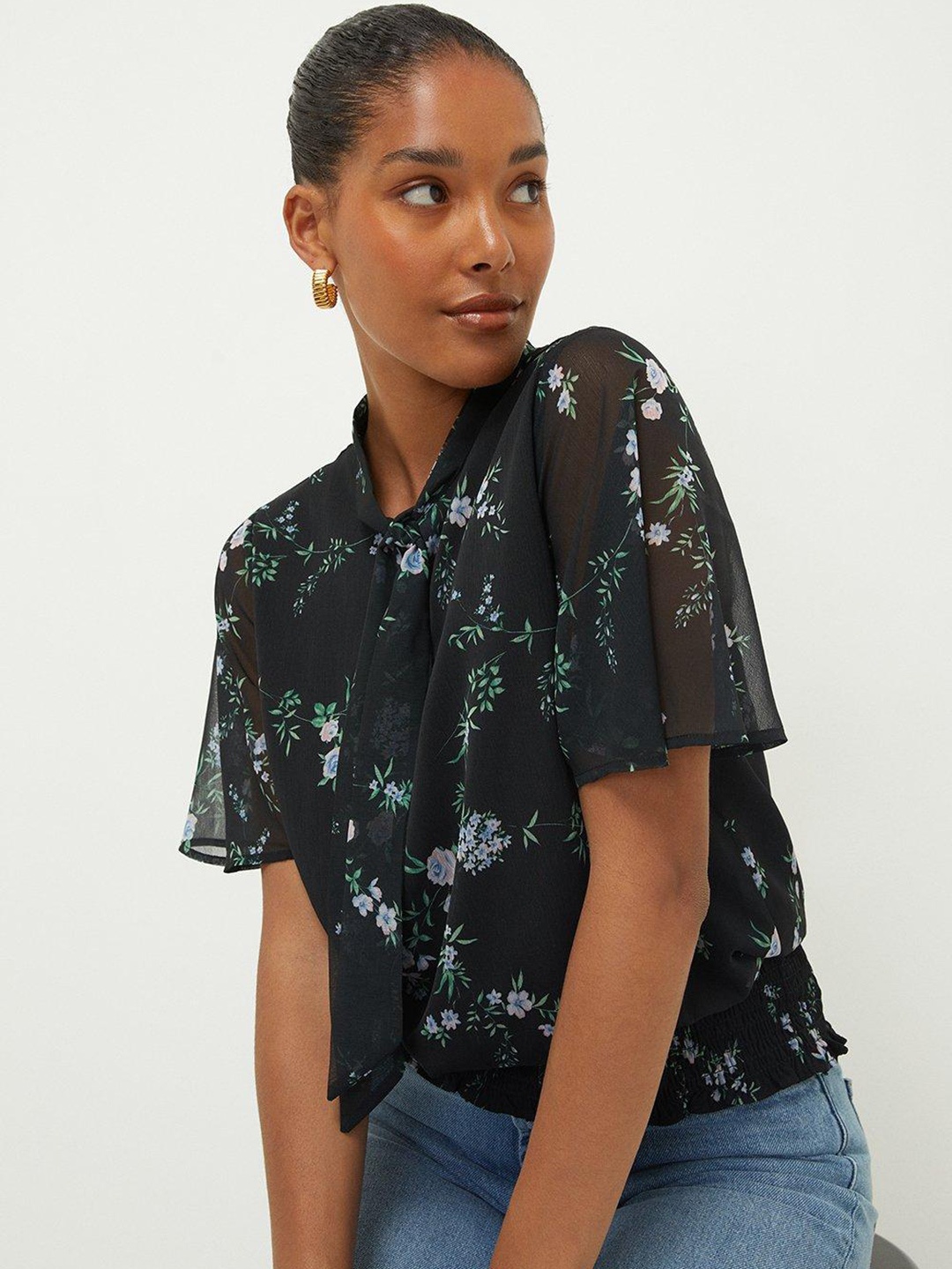 

DOROTHY PERKINS Floral Print Blouson Top, Black