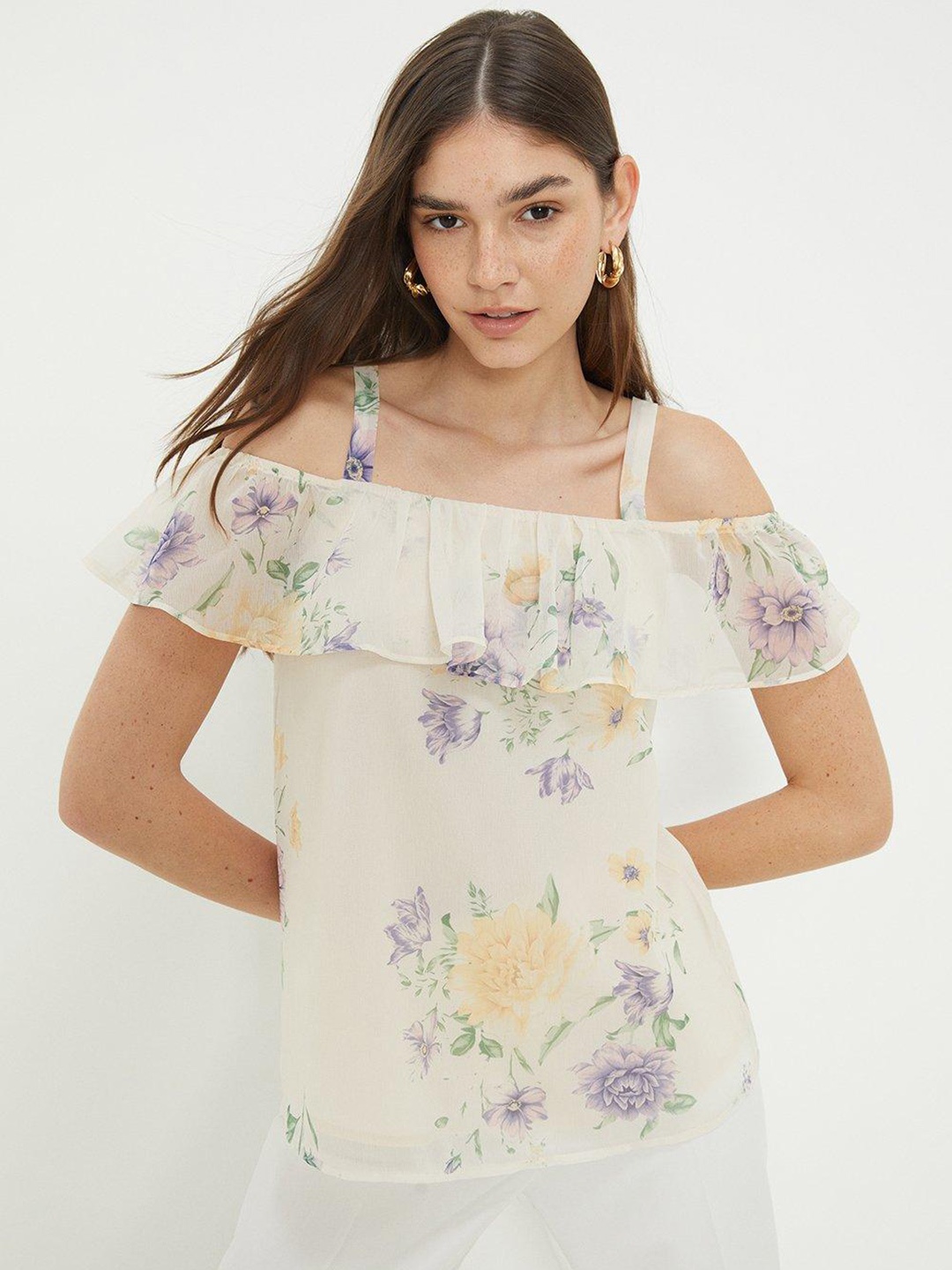 

DOROTHY PERKINS Floral Print Cold-Shoulder Sleeves Chiffon Top, Cream