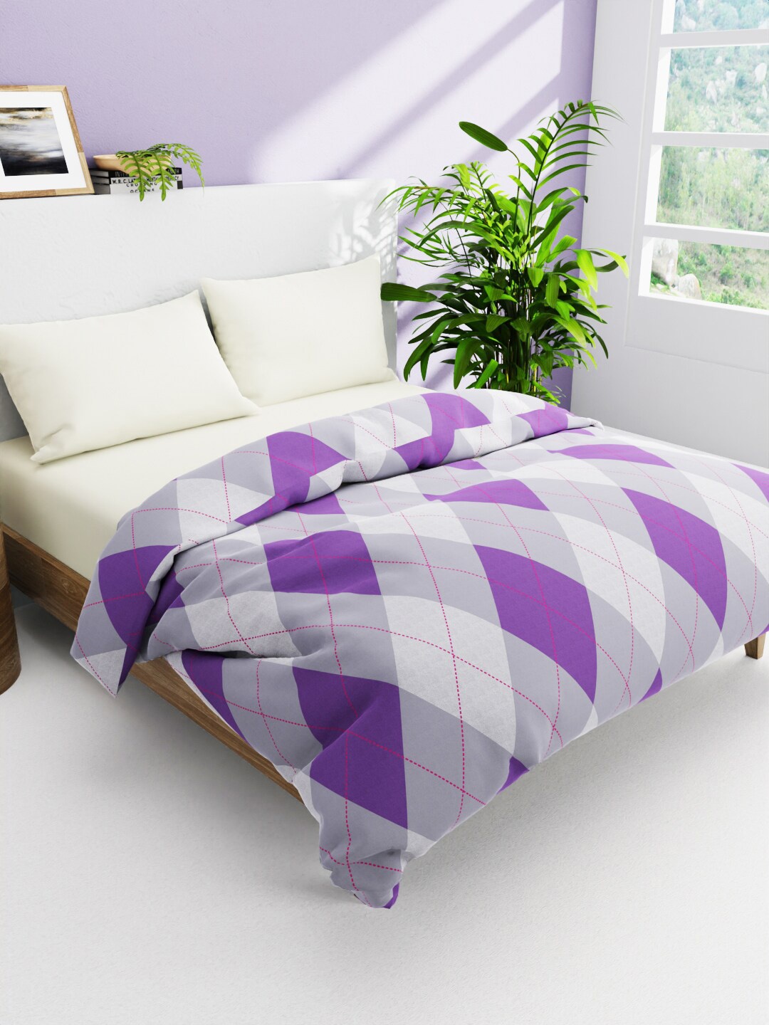 

BIANCA Victoria Purple & Grey Geometric AC Room 150 GSM Cotton Double Bed Comforter