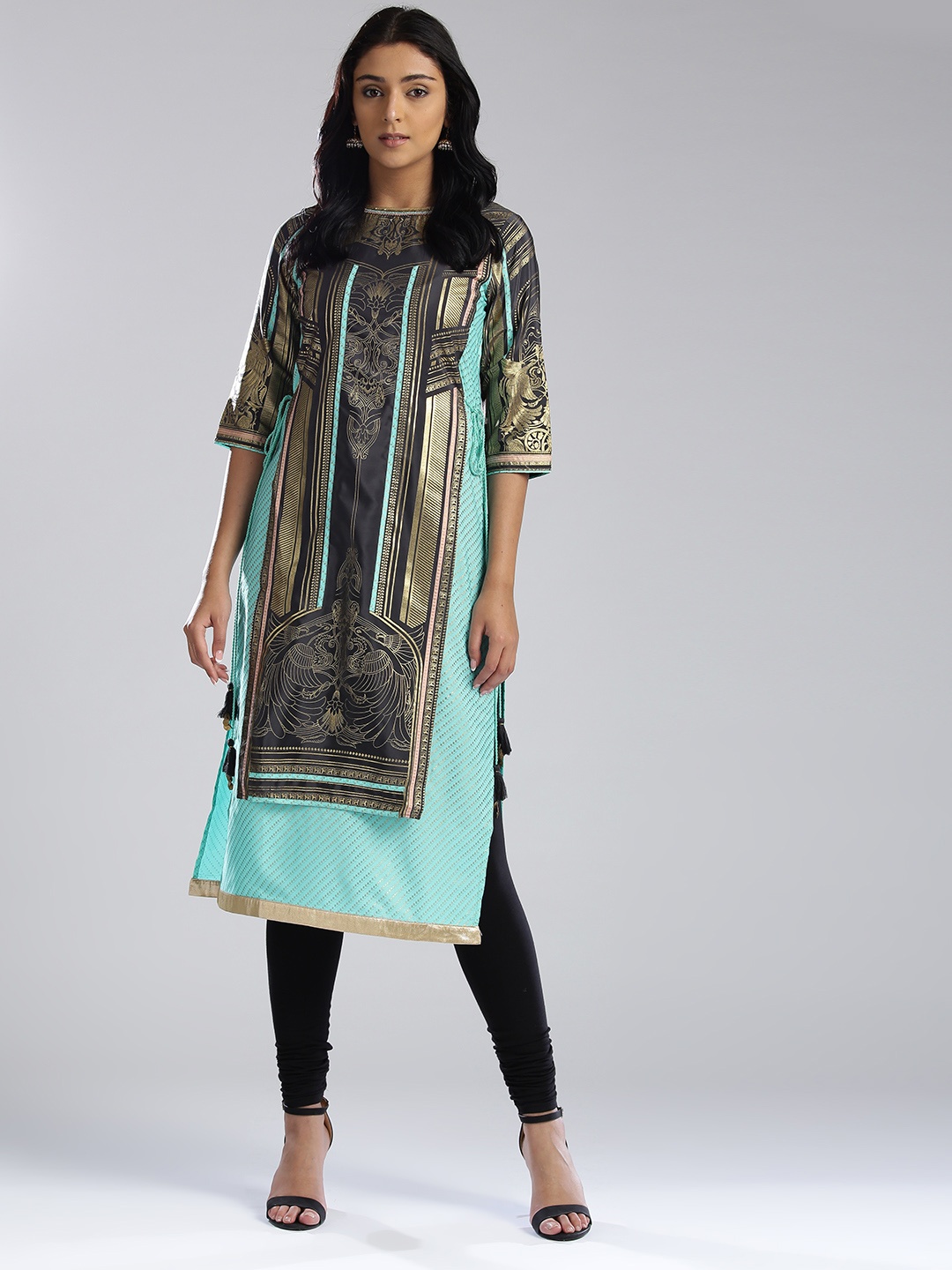 

WISHFUL by W Women Grey & Blue Printed Layered Straight Kurta