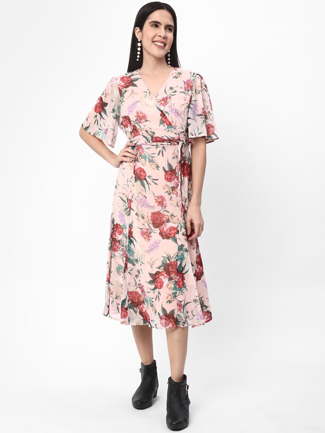 

R&B Pink Floral Printed Fit & Flare Midi Dress