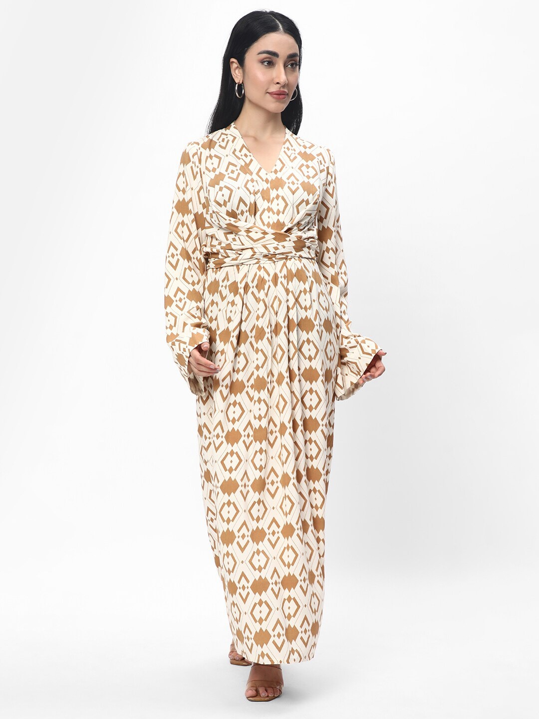 

R&B Geometric Printed Maxi Dress, Beige