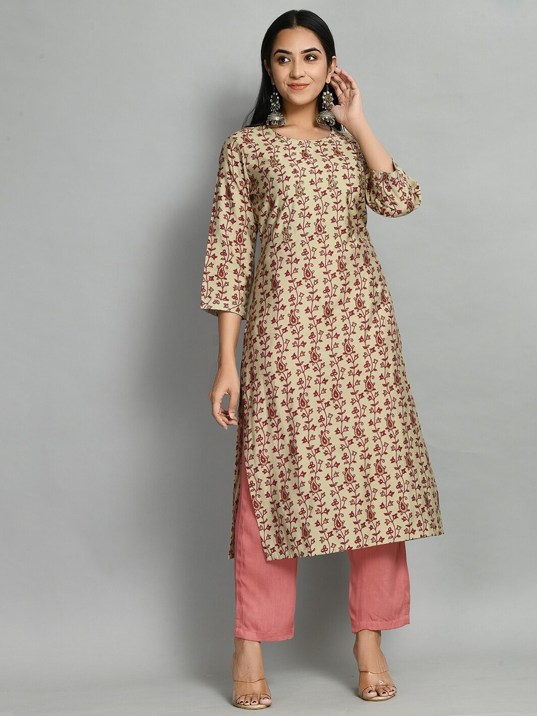 

Altiven Ethnic Motifs Printed Zari, sequnied & beads detailed Straight Kurta, Tan