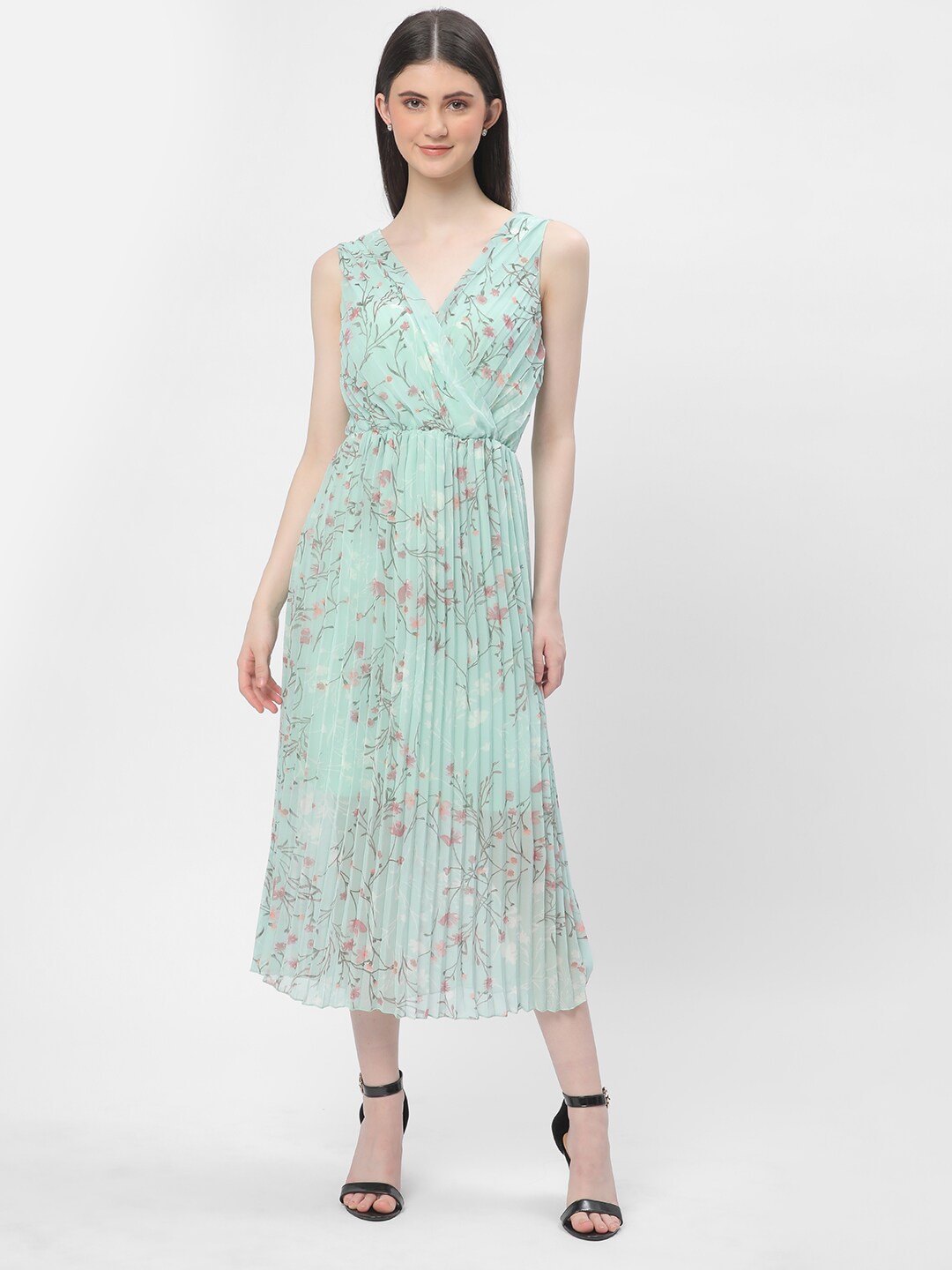 

R&B Floral Printed A-Line Dress, Green