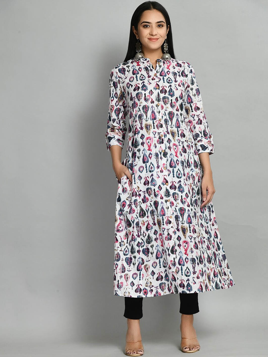 

Altiven Ethnic Motifs Printed Cold-Shoulder Sleeves Regular Kurta, White