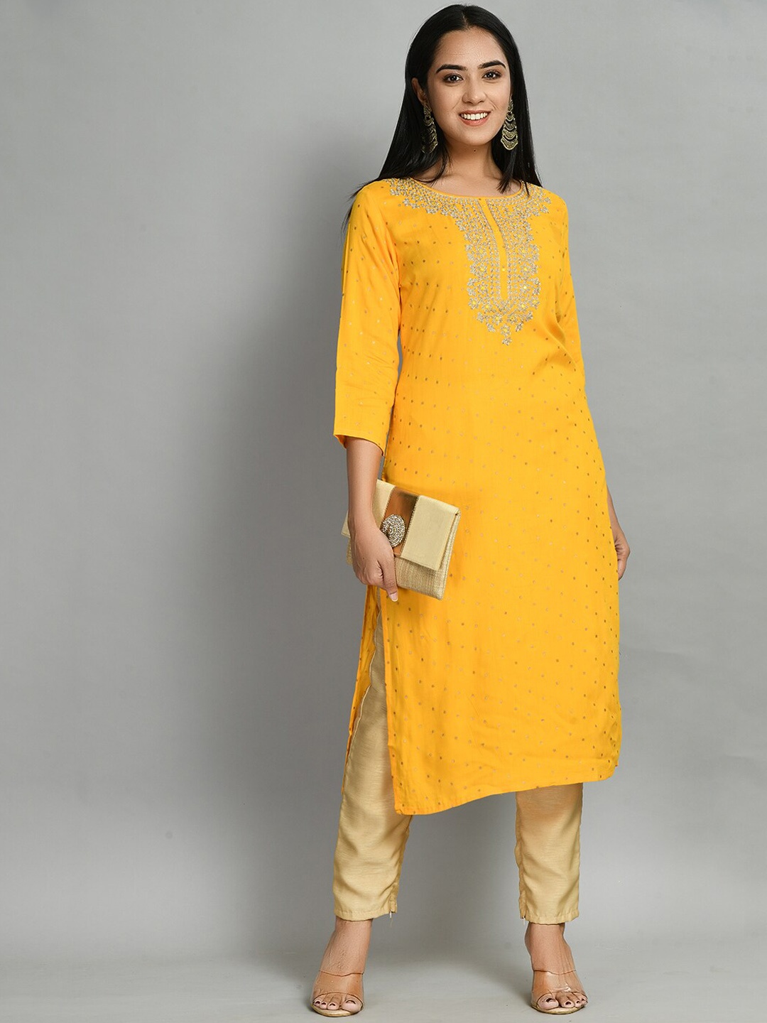 

Altiven Women Floral Yoke Design Mirror & Thread Work Detailed Straight Kurta, Yellow