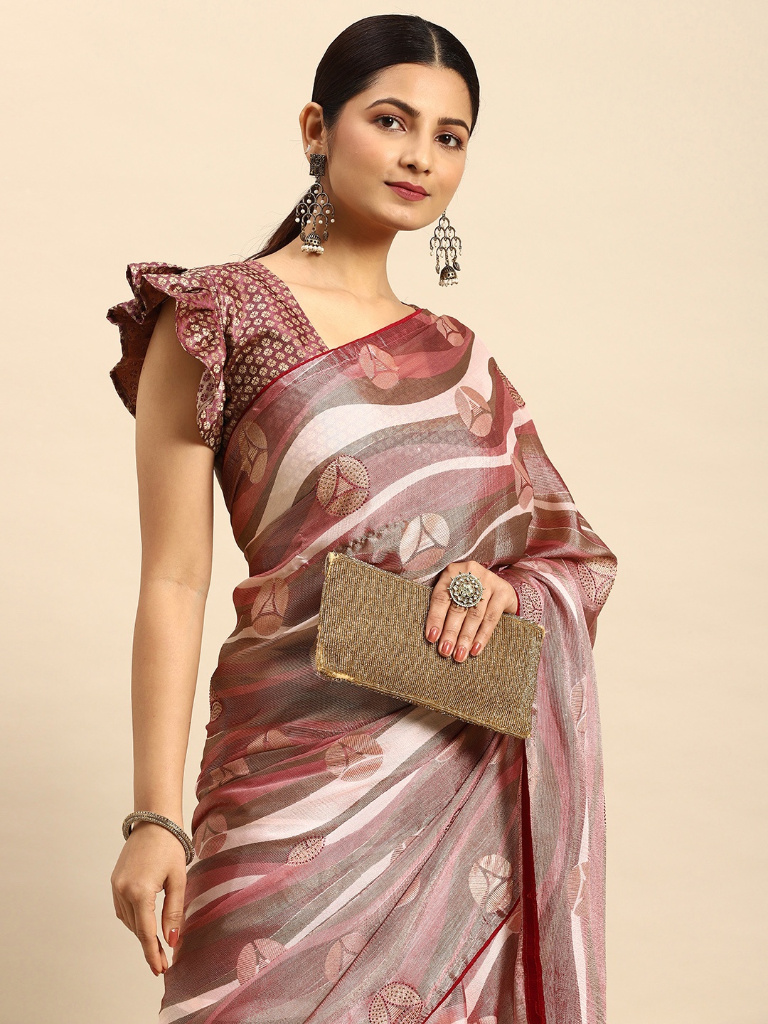 

Mitera Embellished Stones-Studded Pure Chiffon Saree, Pink