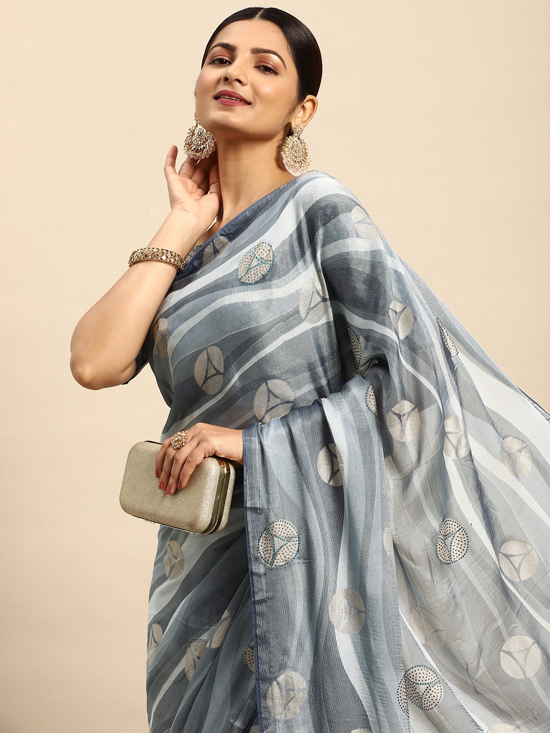 

Mitera Embellished Stones-Studded Pure Chiffon Saree, Blue