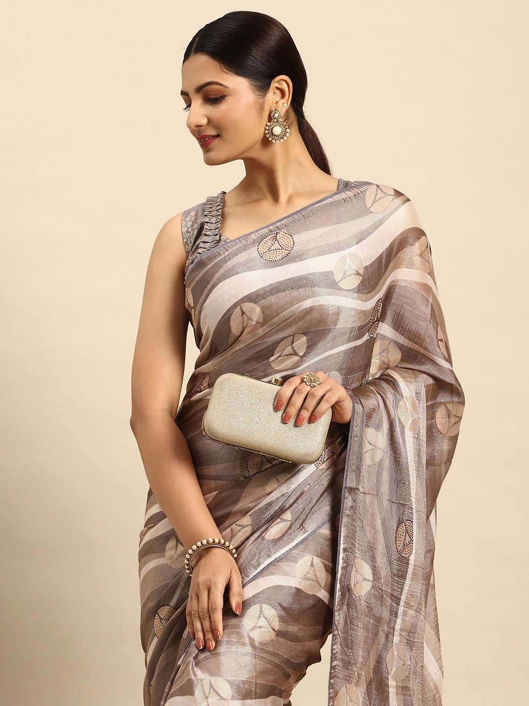 

Mitera Embellished Stones-Studded Pure Chiffon Saree, Grey