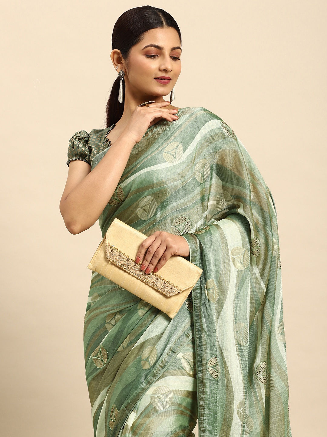 

Mitera Embellished Stones-Studded Pure Chiffon Saree, Green