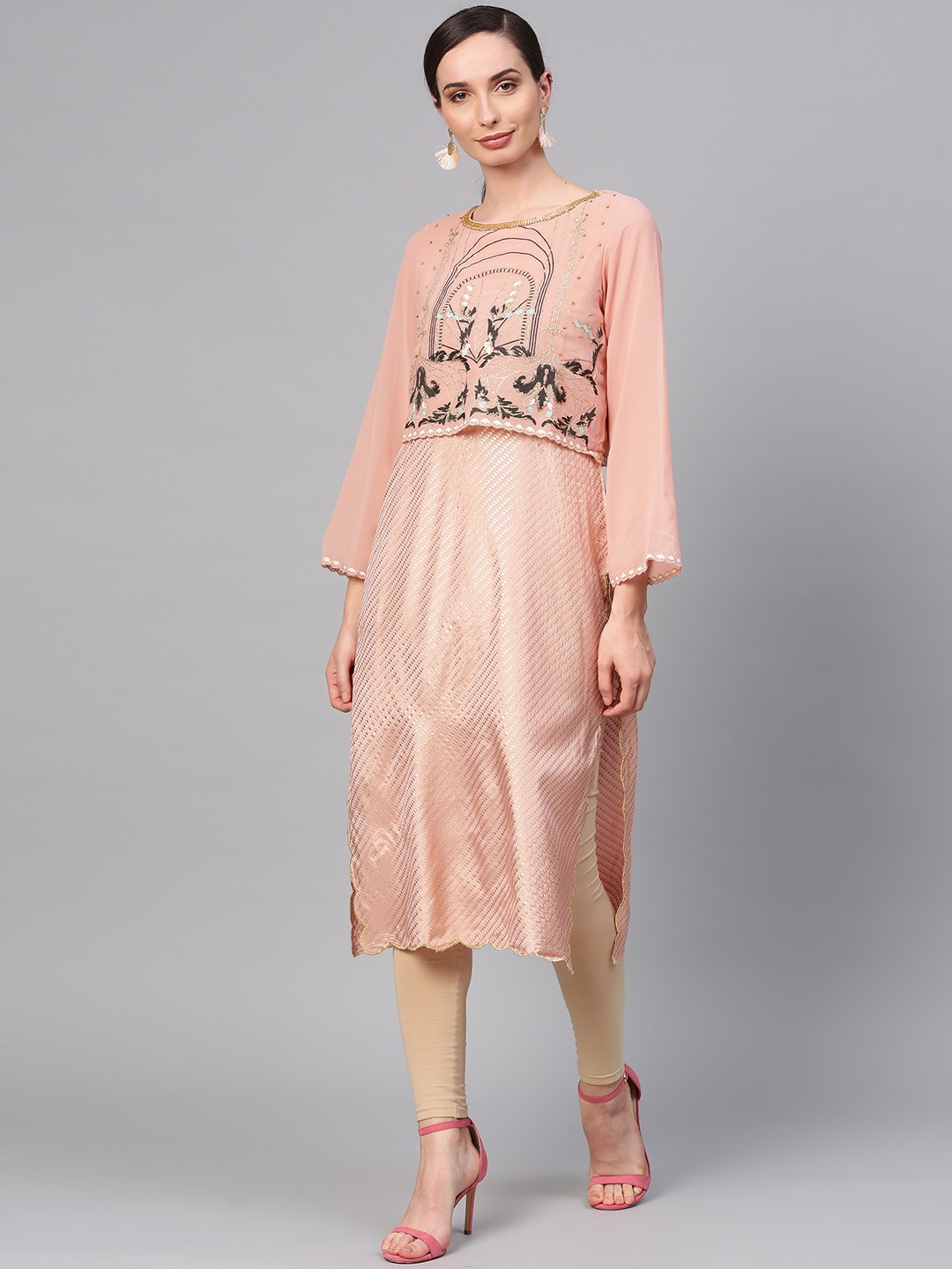 

WISHFUL by W Women Peach-Coloured & Golden Printed Layered Straight Kurta