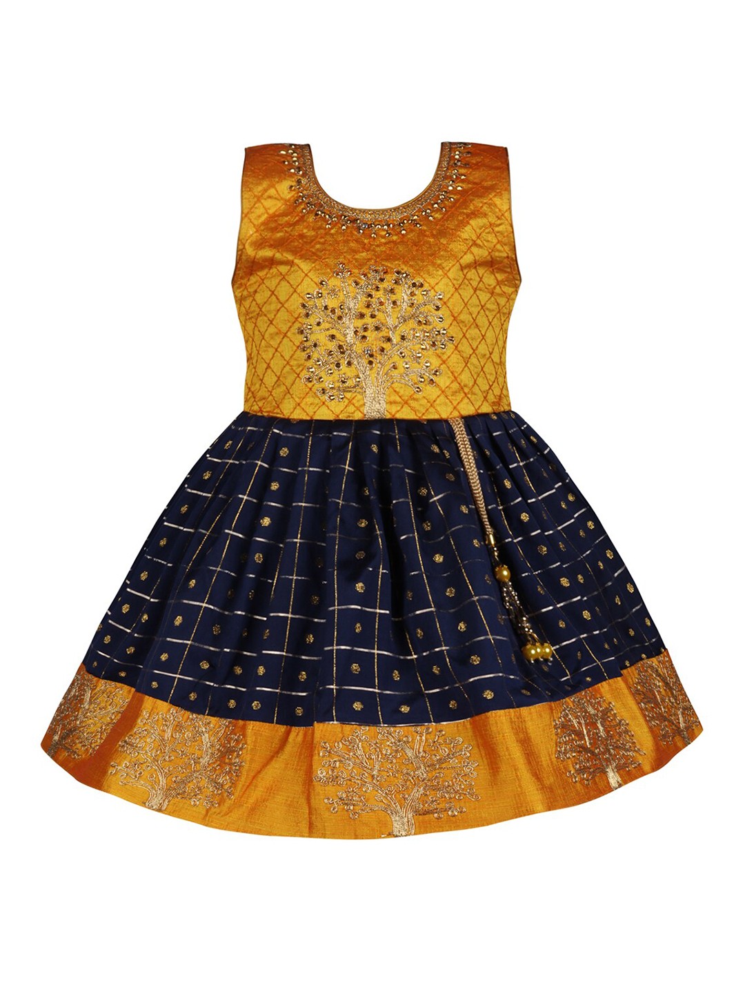

Wish Karo Girls Embellished Tie-Up Silk Fit & Flare Dress, Gold