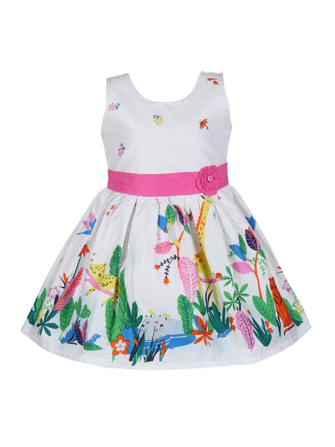 

Wish Karo Girls Floral Printed Round Neck Sleeveless Pure Cotton Fit & Flare Dress, White
