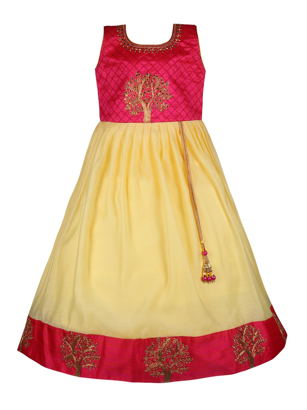

Wish Karo Girls Floral Embroidered Silk Fit & Flare Maxi Ethnic Dress, Yellow