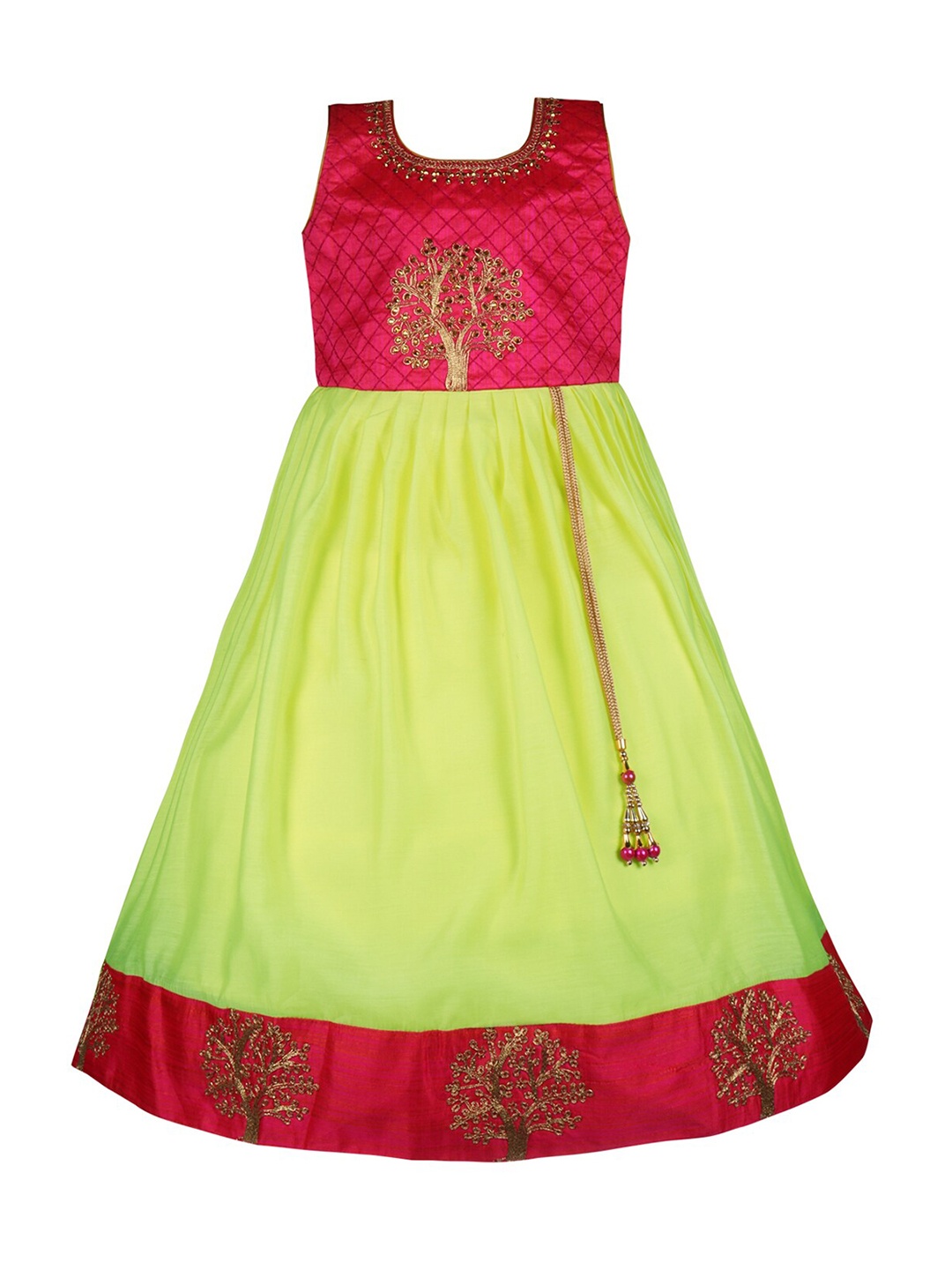

Wish Karo Floral Embroidered Satin Maxi Ethnic Dress, Green
