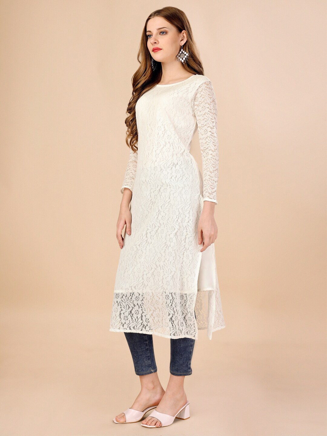

FORKEY Woven Design Round Neck Regular Kurta, Off white