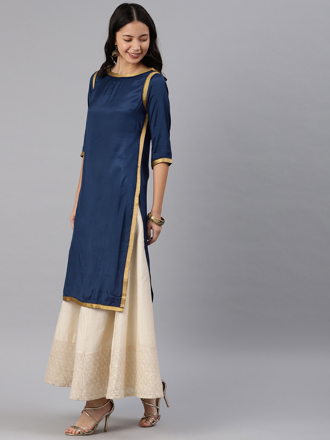 

WISHFUL by W Women Navy Blue Solid Straight Kurta