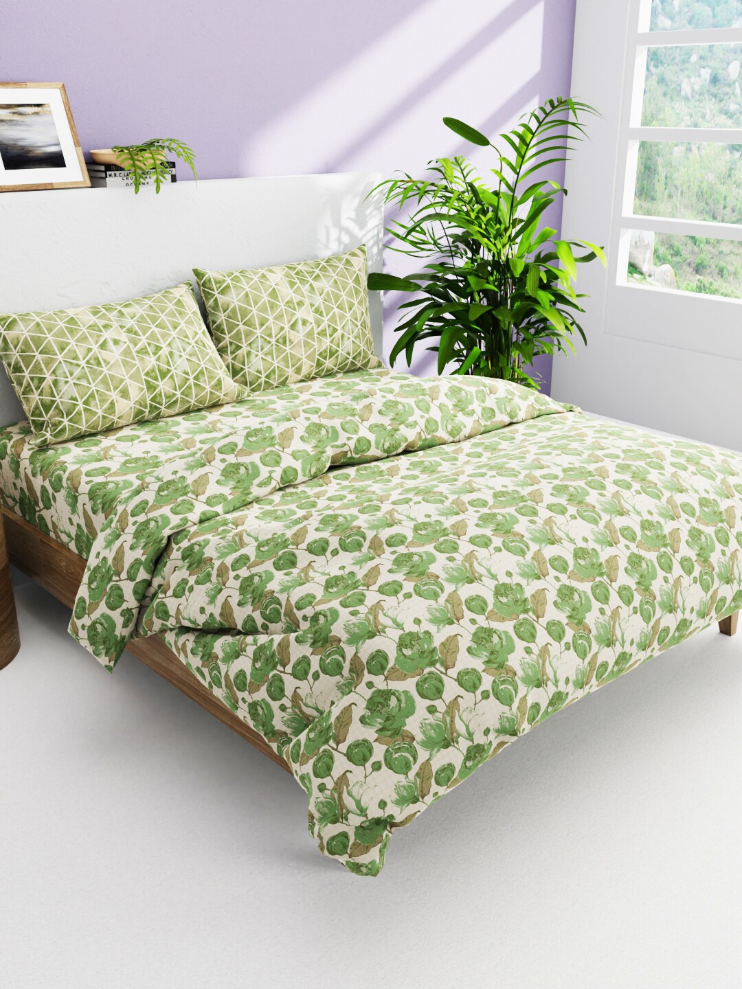 

BIANCA Green & Beige 4-Pieces Floral Printed Pure Cotton Bedding Set