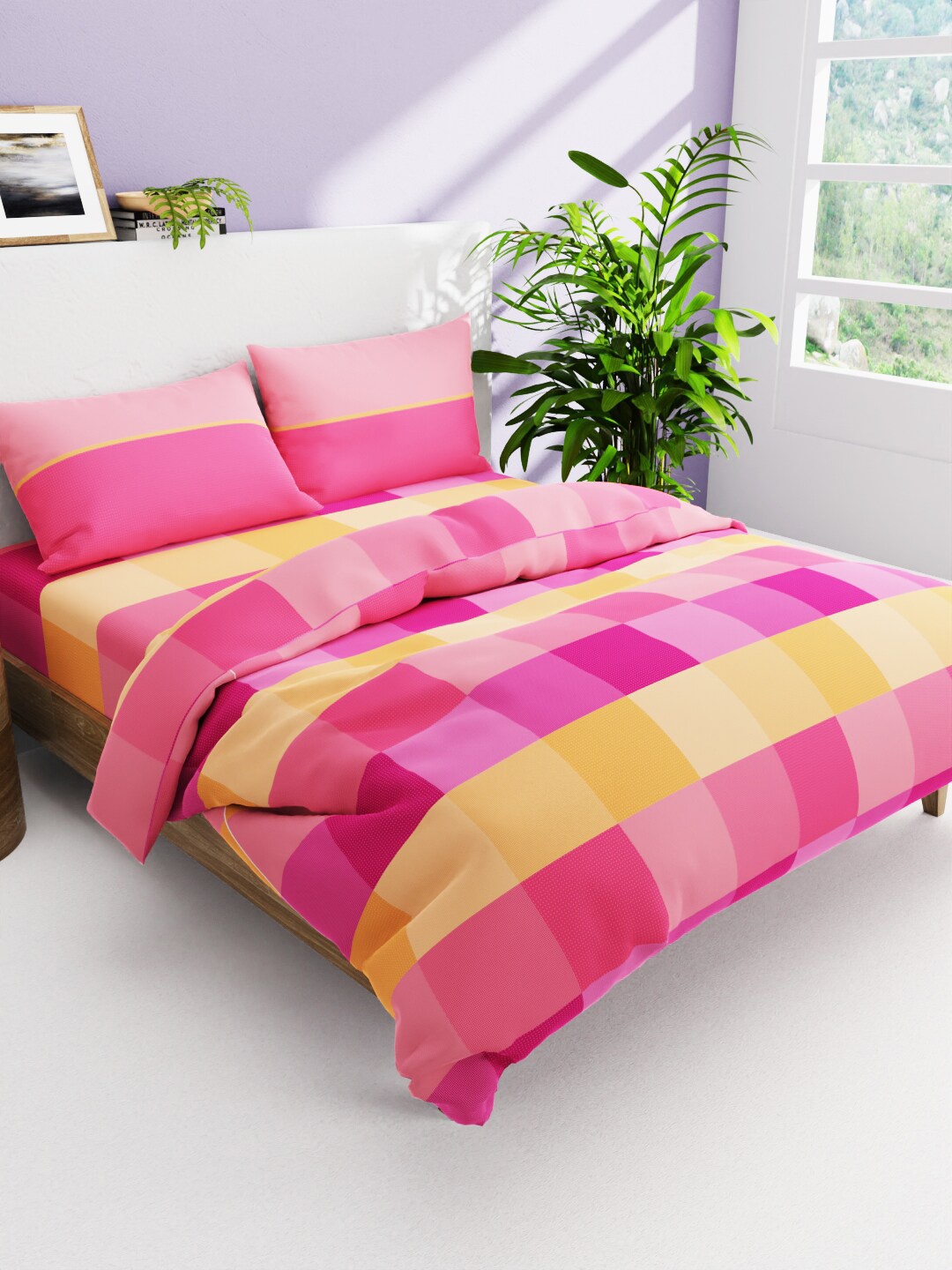 

BIANCA Pink 4-Pieces Checked Pure Cotton Bedding Set
