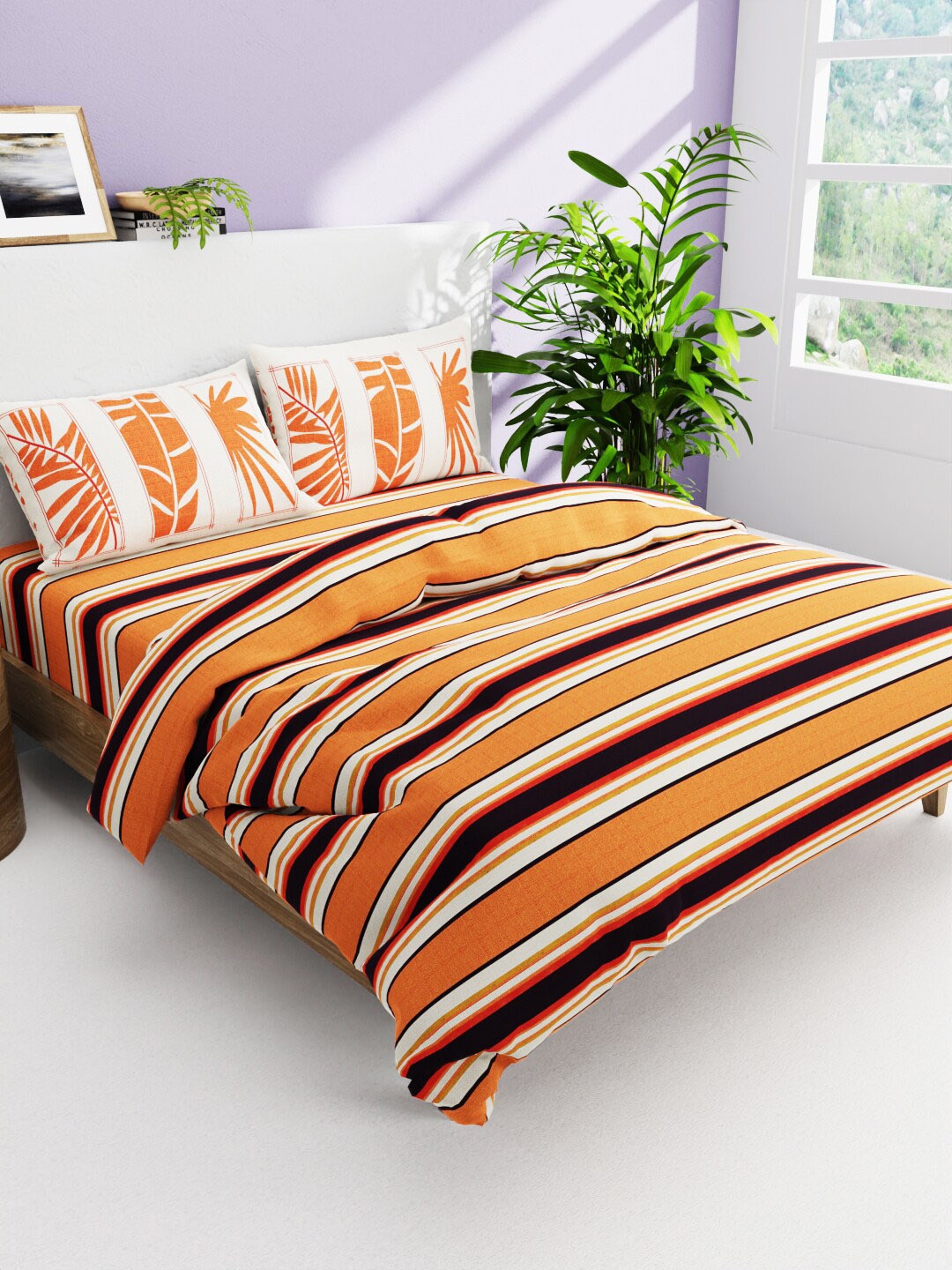 

BIANCA Orange & White 4-Pieces Striped Pure Cotton Super-Soft Bedding Set