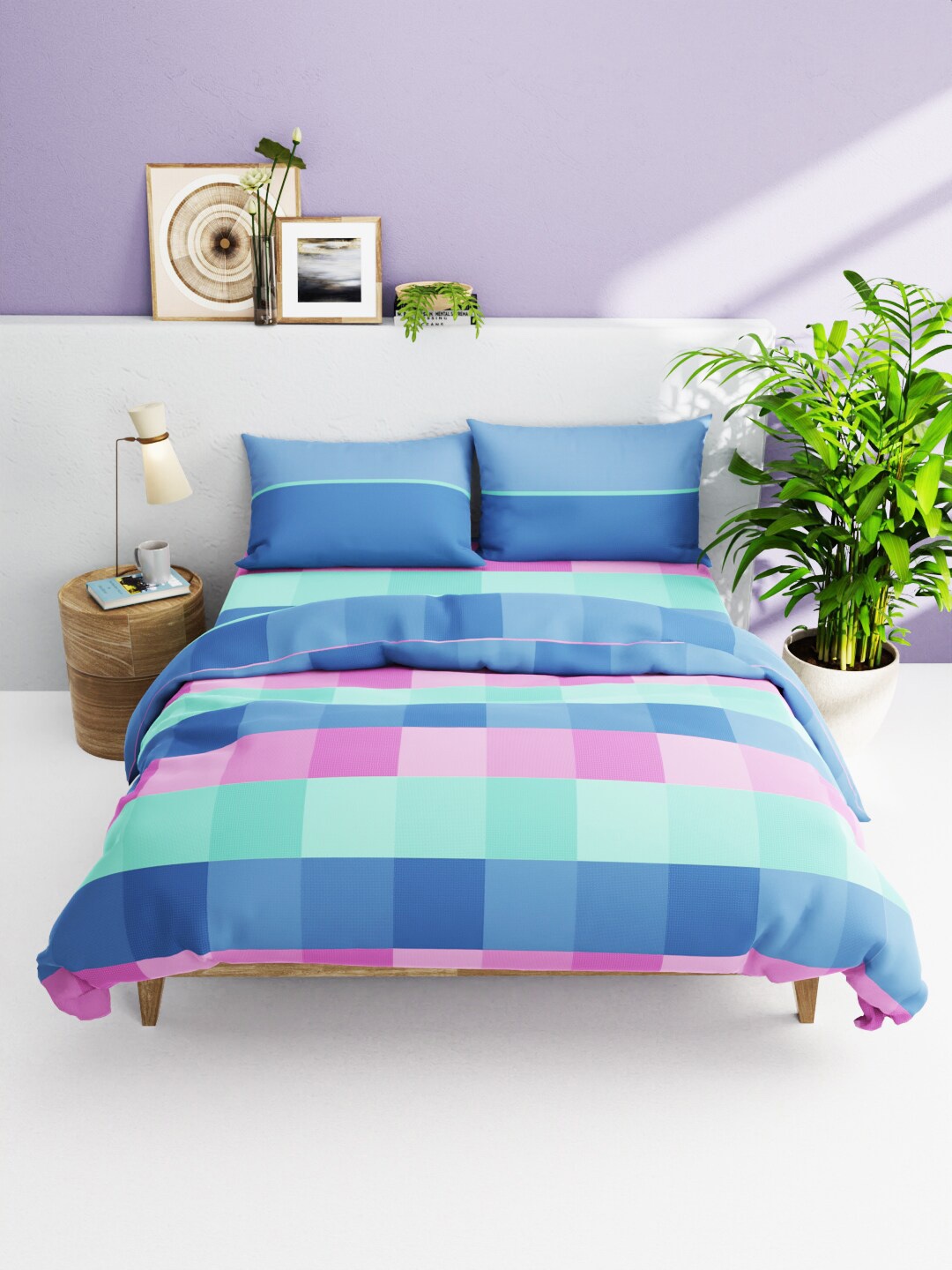 

BIANCA Green & Blue 4-Pieces Check Printed Cotton Bedding Set