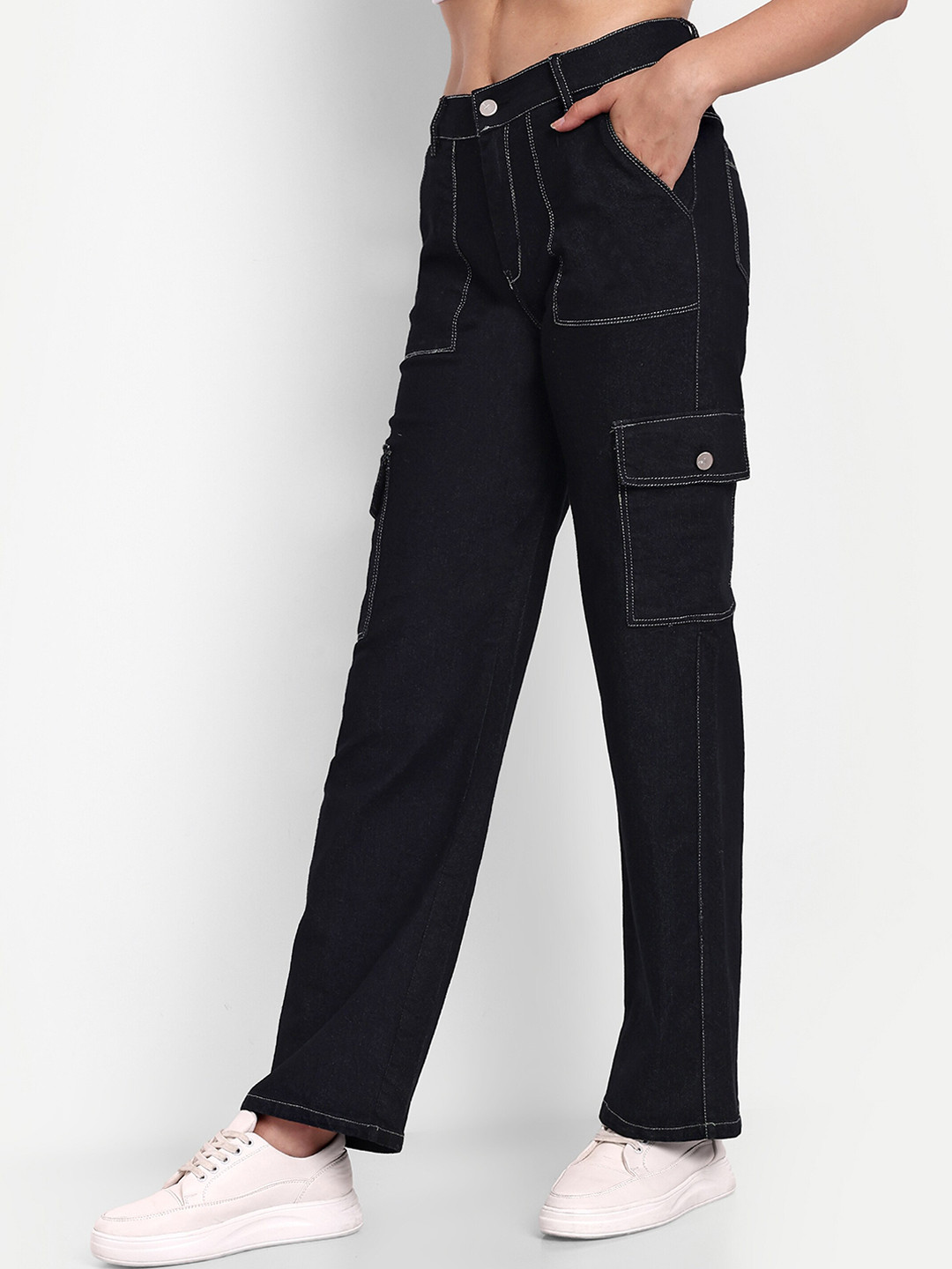 

BROADSTAR Women Smart Wide Leg High-Rise Stretchable Cargo Jeans, Black