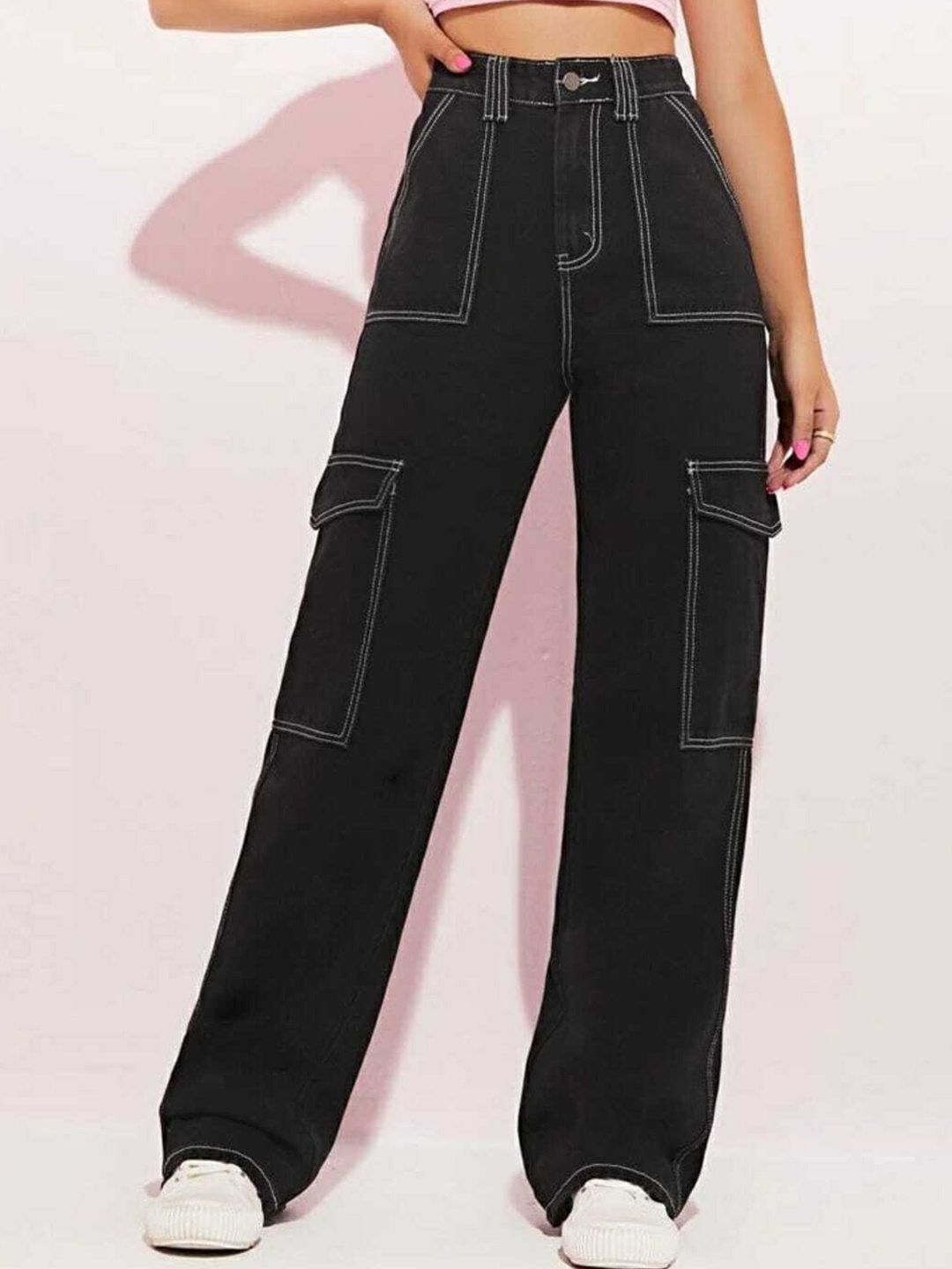 

BROADSTAR Women Smart Wide Leg High-Rise Stretchable Cargo Jeans, Black