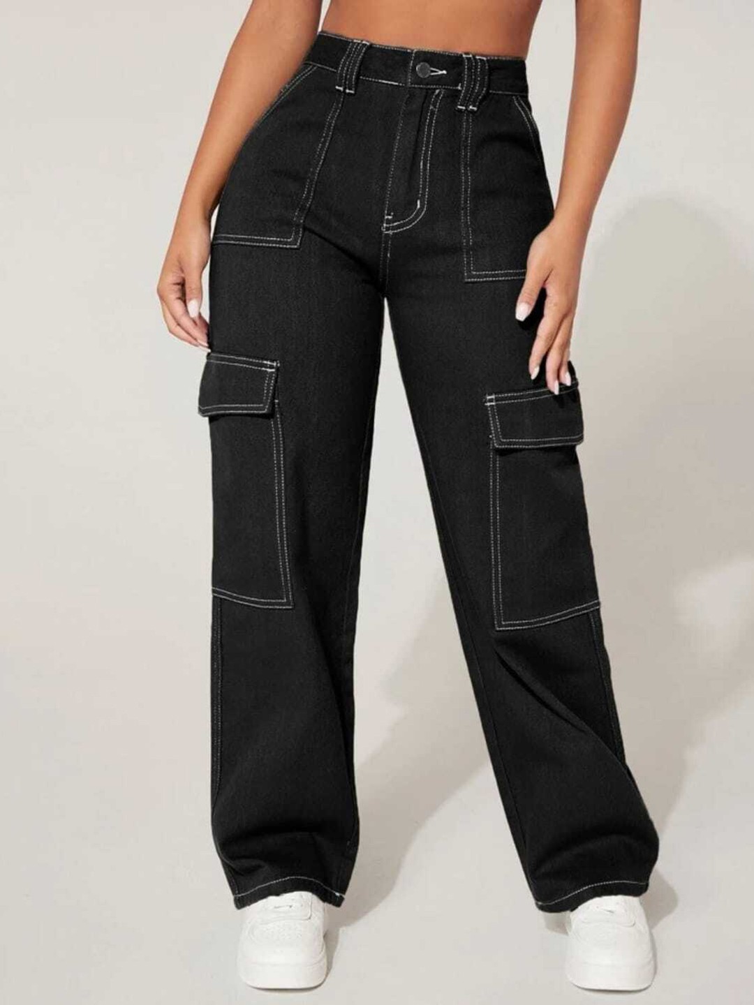 

BROADSTAR Women Smart Wide Leg High-Rise Stretchable Cargo Jeans, Black